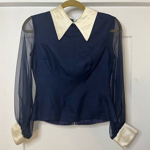 ✨SALE✨ Vintage dark blue blouse with sheer arms and white silk collar and sleeve